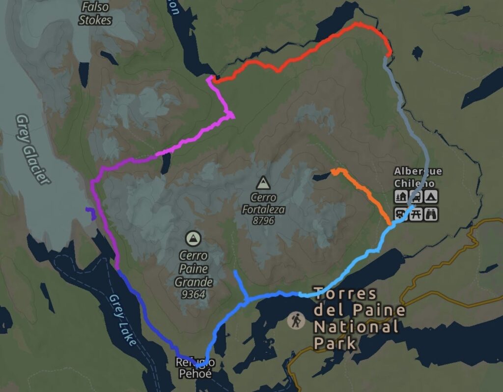 O Trek map Torres Del Paine 